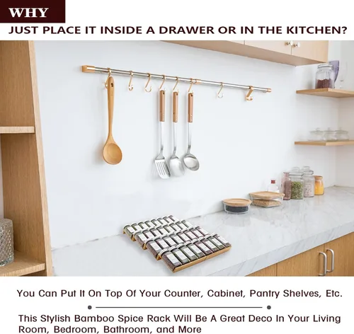 Miniatura 6 de Bamboo Spice Rack Drawer Organizer - 8 Pieces Set- 7" Wide Per Piece - Combine Pieces Into 14" Wide Rack (7" or 14")