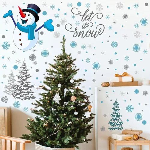 Miniatura 5 de Soaoo 63 calcomanías de pared de invierno, calcomanías de copos de nieve, calcomanías extraíbles de muñeco de nieve de Navidad, arte de pared