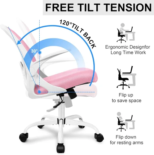 Miniatura 5 de Primy Silla de oficina ergonómica con soporte lumbar ajustable y altura, silla giratoria de malla transpirable para computadora con reposabrazos Rosa