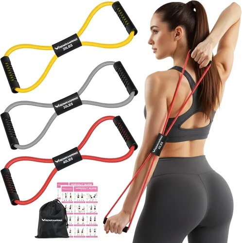 Miniatura 9 de Bandas de resistencia, figura 8 bandas de ejercicio de fitness con asas, 8 bandas de resistencia en forma de 3 para estiramiento de brazos