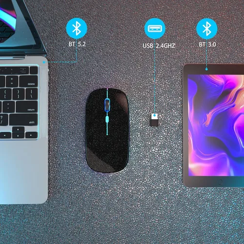 Miniatura 5 de AIKOKOK Ratón Inalámbrico Bluetooth Recargable para Laptop con LED Portátil (BT5.2 y USB 2.4G) Conexión de Modo Dual Ratón Silencioso Delgado