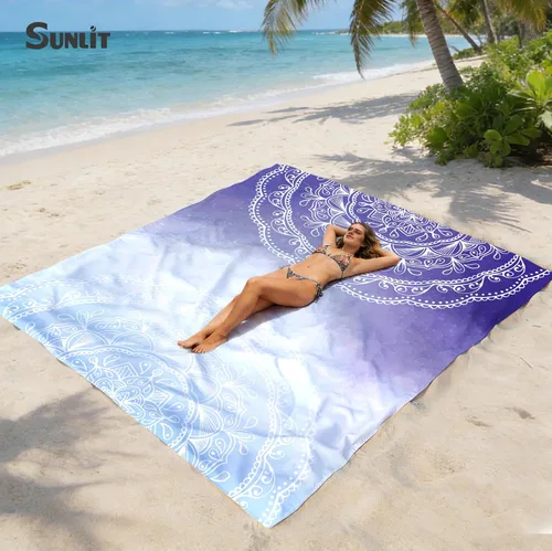 Miniatura 5 de Sunlit - Manta de playa suave y sedosa de 106x81 / 85x72 pulgadas, a prueba de arena, con bolsillos en las esquinas y bolsa de malla; Azul Violeta