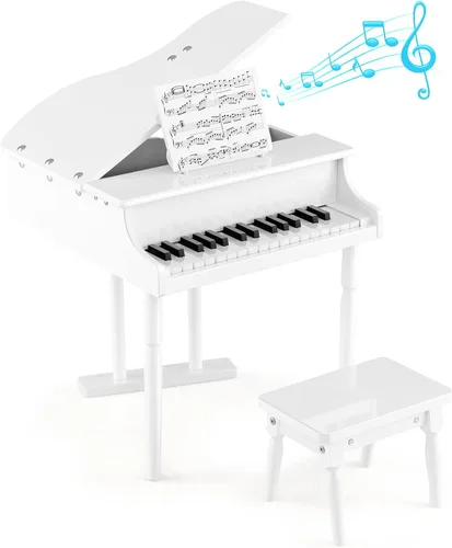 Miniatura 17 de HONEY JOY Piano clásico para niños, mini piano de cola de 30 teclas con soporte de música y banco, juguete de instrumento musical de madera con tapa