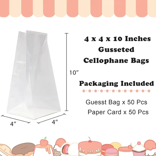 Miniatura 3 de Morepack Bolsas de celofán reforzadas, 50 bolsas de celofán de fondo plano de 4 x 4 x 10 pulgadas, con refuerzo con inserto de papel