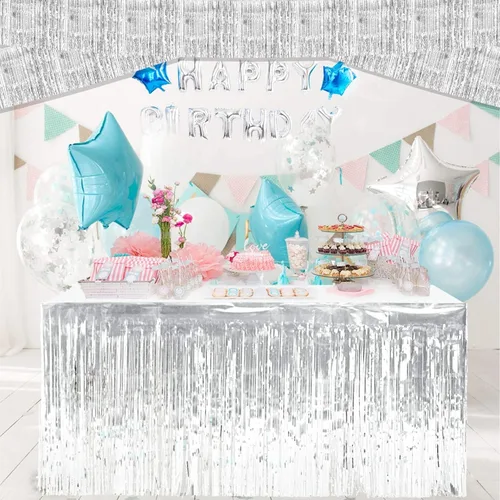 Miniatura 3 de Paquete de 10 guirnaldas de flecos de papel de aluminio plateado de 10 pies con serpentinas metálicas de oropel para colgar en la pared, telón