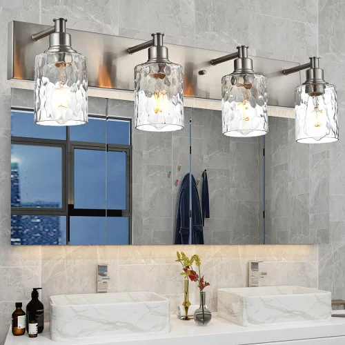 BONLICHT Dispositivo de iluminación para tocador de baño con 4 luces, aplique de pared industrial de níquel cepillado con pantalla de vidrio