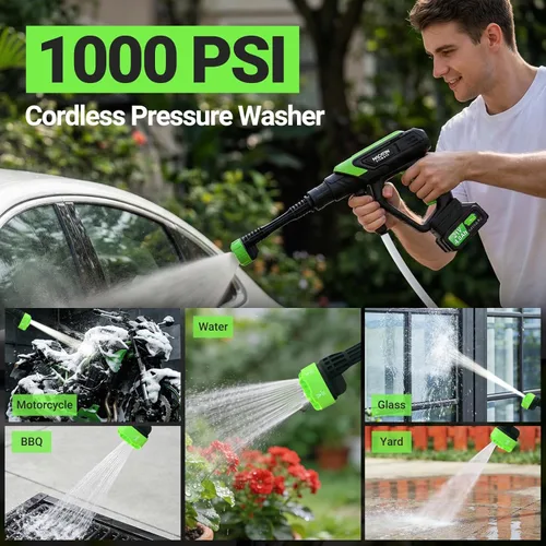 Miniatura 2 de Lavadora a presión inalámbrica de 1000 PSI, lavadora de energía con motor sin escobillas de 21 V y 4.0 Ah, con boquilla 6 en 1, presión de 5 Verde