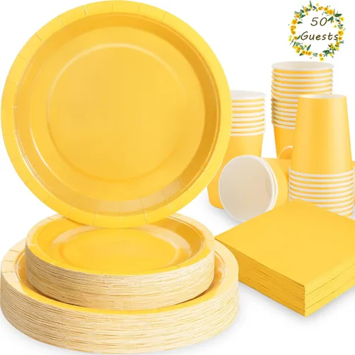 Miniatura 14 de Juego de 350 platos de papel floral, platos desechables con borde dorado para 50 invitados, suministros de fiesta para adultos, jardín, fiesta