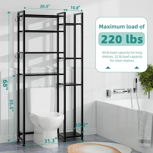 Miniatura 3 de Simple Trending Almacenamiento de 8 niveles sobre el inodoro con estante lateral, organizador de baño, estantes de metal para toallas, color negro