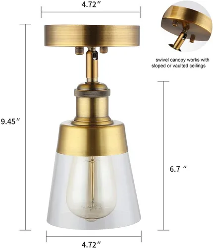 Miniatura 4 de Fivess Lighting Lámpara de techo semiempotrada de cristal transparente de color dorado antiguo para pasillo, baño, entrada, cocina, granja