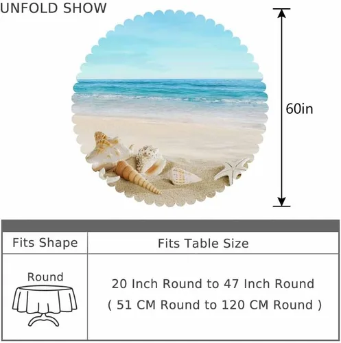Miniatura 4 de AOYEGO Mantel redondo de 60 pulgadas con diseño de concha de playa tropical oceánica, estrella de mar, cielo arena, mantel de poliéster para Conchas