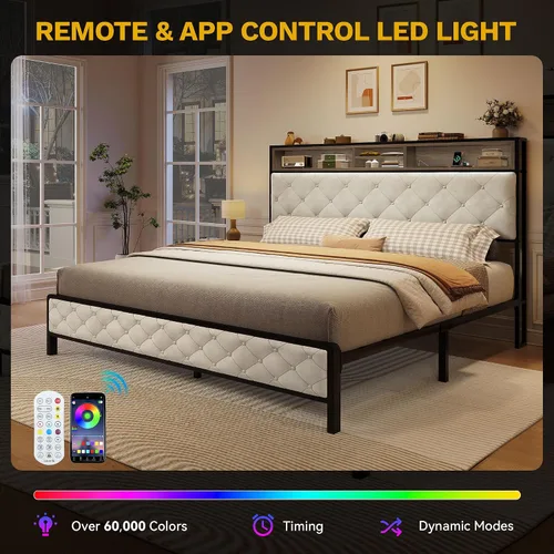 Miniatura 4 de DWVO Base de cama tamaño Queen con estación de carga, cama de plataforma tapizada con cabecera de almacenamiento, listones de metal resistentes,