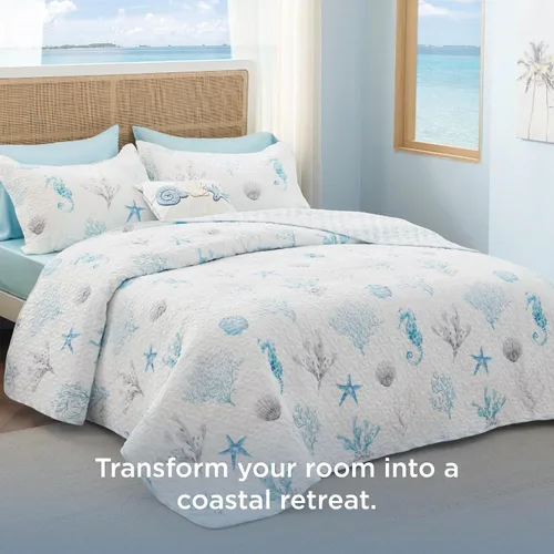 Miniatura 2 de Bedsure Colcha costera tamaño Queen – Ropa de cama reversible de verano y playa, colcha ligera de microfibra, colcha azul y blanca para todas