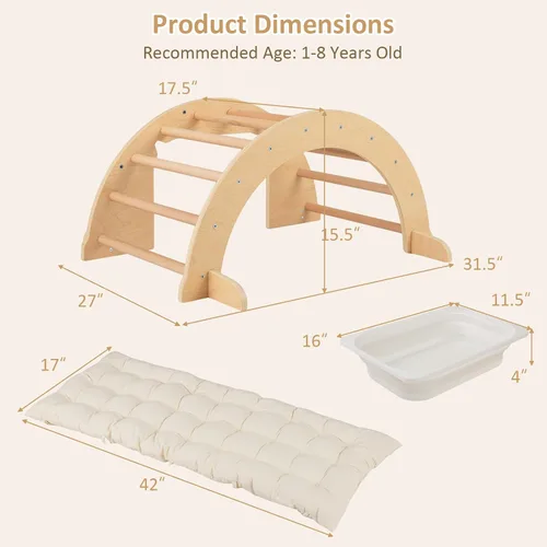 Miniatura 3 de INFANS Balancín de madera para escalar arco con cojín suave, 6 en 1, juguetes Montessori de escalada para niños pequeños, mesa Waldorf