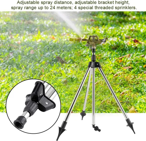 Miniatura 4 de Aspersor automático de impacto en base de trípode, rociador de césped giratorio de 360 grados, sistema de riego de jardín ajustable de acero
