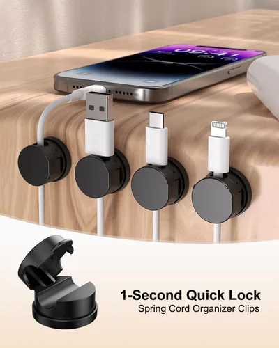 Miniatura 2 de OneLeaf Paquete de 12 clips de cable de resorte giratorios de 360° [1s bloqueo], soporte de cable adhesivo para mesita de noche, soporte de cable