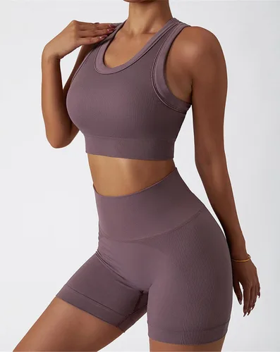 Miniatura 71 de Conjuntos de entrenamiento para mujer, 2 piezas, sin costuras, acanalada, sin mangas, brasier deportivo, cintura alta, pantalones cortos