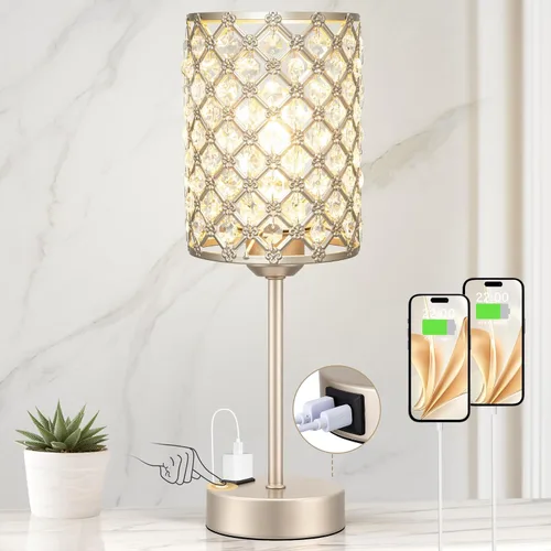 Miniatura 13 de Lámpara de mesa de cristal con control táctil, lámpara de mesita de noche regulable con puertos de carga USB-C+A y CA, lámpara USB dorada de 3 vías