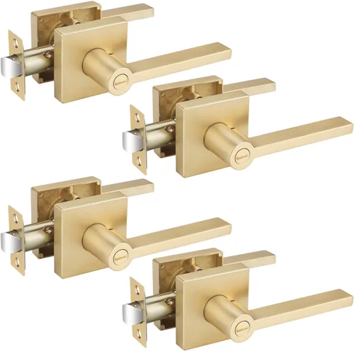 Miniatura 35 de EHOMEWARE Juego de manijas de puerta delantera doradas, palanca de puerta cuadrada resistente de latón y cerrojo de un solo cilindro reversible