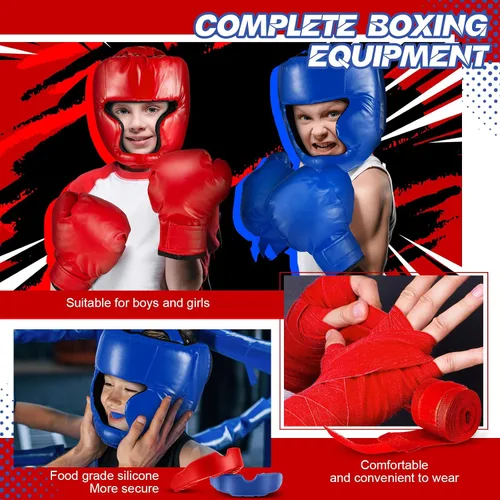 Miniatura 4 de Kanayu Juego de 12 piezas de equipo de boxeo para niños principiantes de 6 a 18 años, incluye casco de boxeo y guantes, vendas, protectores bucales
