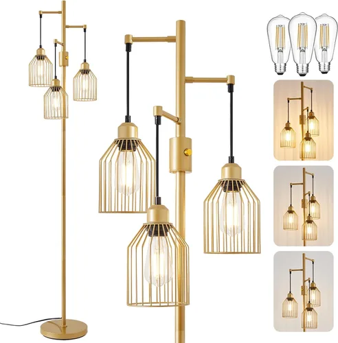 Lámpara de Pie Regulable para Sala de Estar, Lámparas de Pie de Estilo Rústico con Elegante Jaula Colgante, 3 Bombillas LED Edison Incluidas, Luz de