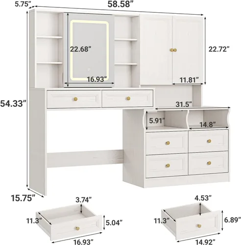 Miniatura 5 de Halitaa Escritorio grande de tocador de 58.6 pulgadas con espejo iluminado deslizante, mesa de tocador de maquillaje blanca y mesita de noche Combo