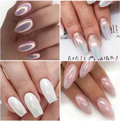 Miniatura 5 de WOKOTO Polvo de uñas de cromo perla blanca para arte de uñas, efecto espejo holográfico Aurora, polvo cromado, concha iridiscente, pigmento de arte