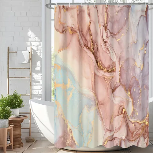 Miniatura 22 de Cortina de ducha abstracta de mármol negro gris y dorado con grietas, cortina de baño moderna ombre impresa, cortina impermeable y lavable de tela
