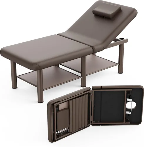 Miniatura 12 de pouseayar Mesa de masaje estacionaria rosa cama plegable con respaldo y espacio de almacenamiento para mesa de tratamiento, mesa de terapia física