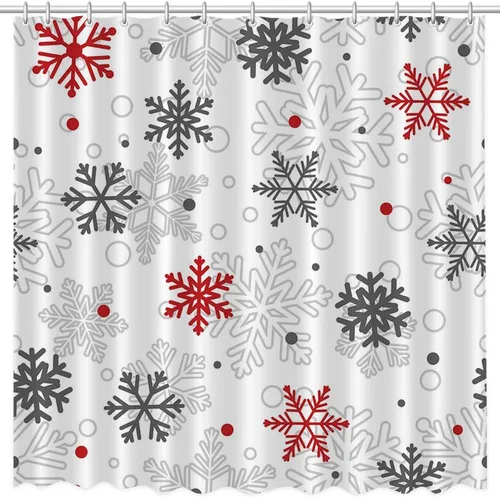 Miniatura 2 de MEHOFOND Cortinas de ducha de invierno de Navidad para baño, cortina de ducha de copo de nieve rojo y gris, decoración de baño, cortina de ducha