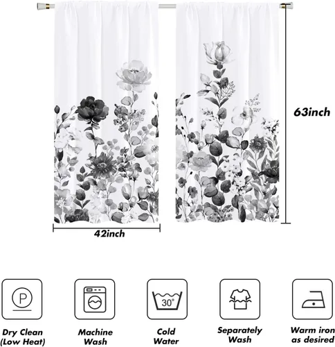Miniatura 4 de Cortinas florales negras y grises de 42 pulgadas de ancho x 63 pulgadas de largo, flores silvestres en acuarela gris y blanco, flores silvestres