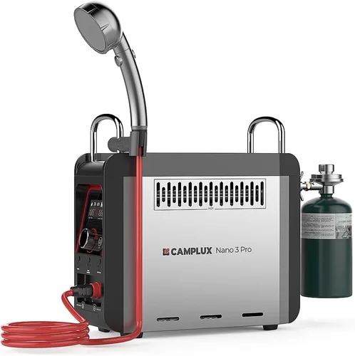 CAMPLUX Nano 3 Pro - Calentador de agua portátil de propano de 1 libra, calentador de agua de campamento de mesa y bomba de ducha con batería