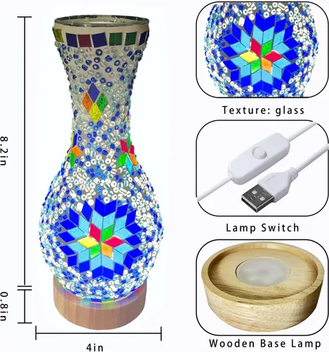 Miniatura 4 de Lámpara de mesa turca marroquí con mosaico, jarrón de vidrio hecho a mano con base de madera, iluminación decorativa para dormitorio, sala de estar