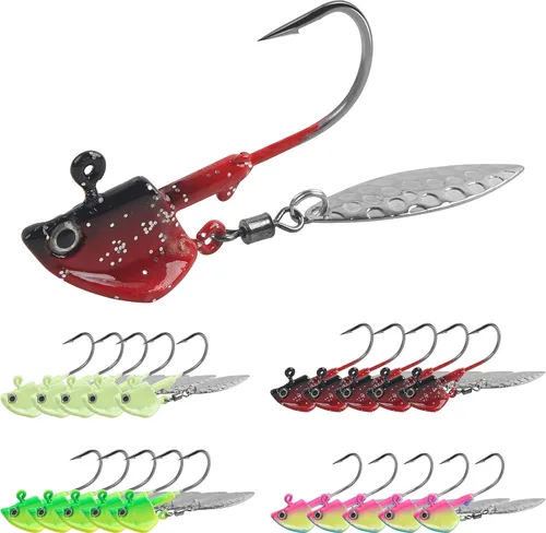 Miniatura 10 de Jig Heads anzuelos de pesca, 10 piezas de Walleye Jigs Spinner Baits Underspin Jig Heads con hoja de sauce colorido pintado resplandor plantillas