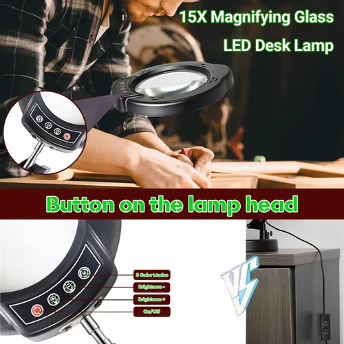 Miniatura 2 de Lupa 15X con luz y soporte, 5 modos de color, 10 niveles de brillo ajustable, lámpara de escritorio 2 en 1 con abrazadera, lupa de luz LED manos
