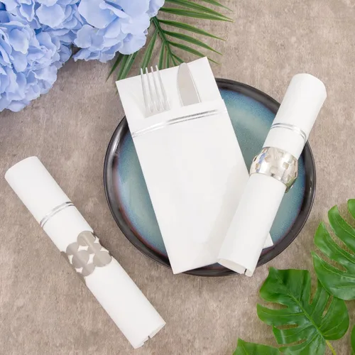 Miniatura 2 de Nervure 100 Piezas Servilletas de Papel Plateadas con Bolsillo Integrado para Cubiertos - Servilletas Desechables Preplegadas Blancas y Plateadas