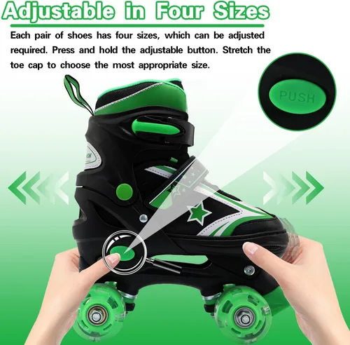 Miniatura 2 de Kids Roller Skates for Boys Girls, 4 Size Adjustable Kids Rollerskates with Light Up Wheels Roller Skates for Boys Girls Ages 5-8 8-12 Verde