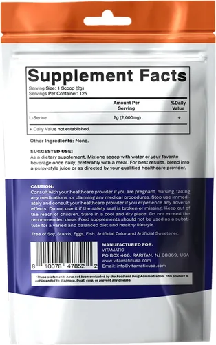 Miniatura 9 de Vitamatic L-Serine - Polvo puro de 8.82 oz 2000 mg por porción 125 porciones Sin sabor Sin aditivos Libre de soja, huevos, pescado e