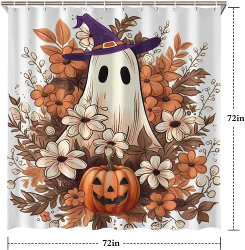 Miniatura 3 de Cortina de ducha de Halloween, cortina de ducha de fantasma espeluznante con 12 ganchos, cortinas de ducha florales de Halloween para decoración