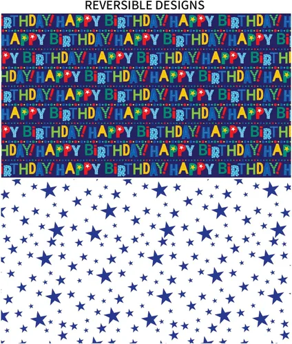 Miniatura 3 de AUCLAY Papel de regalo reversible de cumpleaños para niños, niñas, adultos, baby shower, vacaciones, diseño colorido de letras y estrellas de feliz