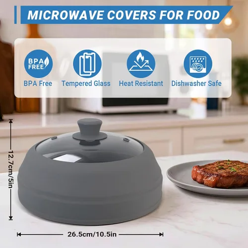 Miniatura 3 de Cubierta de vidrio para microondas para alimentos, cubierta plegable de silicona para salpicaduras de microondas de 10.5 pulgadas, cubierta