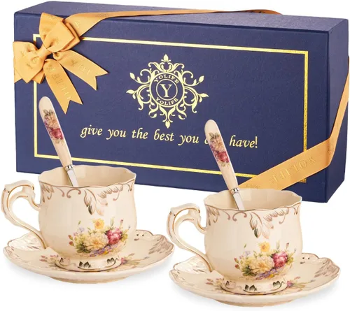 Miniatura 11 de YOLIFE Juego de taza de té y platillo, juego de taza de té de 8 oz, taza de té, taza de té de cerámica con platillo y cuchara, arbustos florecidos