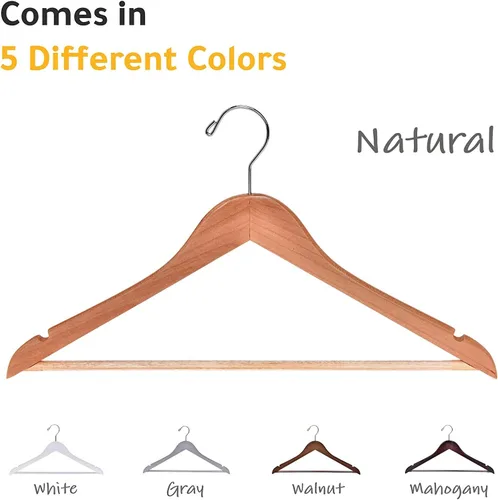 Miniatura 6 de Perchas de madera de calidad, ligeramente curvadas, resistentes con elegantes ganchos cromados, color natural, juego de 80