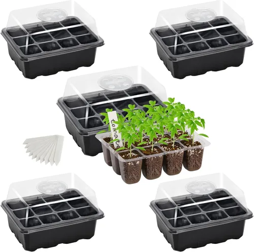 Bonviee Paquete de 5 bandejas de inicio de semillas, kit de iniciación de plantas con cúpula de humedad ajustable y base de invernadero para