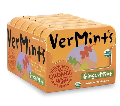 VerMints Organic Breath Mints sabor a menta de jengibre, todo natural, sin OMG, sin nueces, sin gluten, vegano, KSA Kosher, paquete de 6, latas de