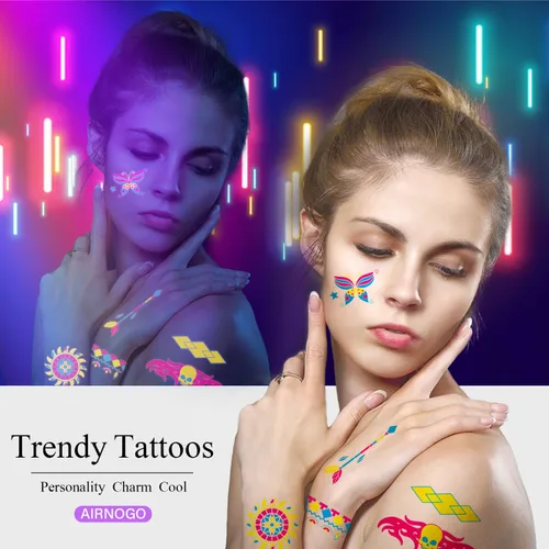 Miniatura 4 de Tatuajes Temporales 170 PCS Tatuajes que Brillan en la Oscuridad que Reaccionan a la Luz Negra UV de Neón, Tatuajes para Niños, Adolescentes