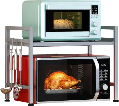Miniatura 17 de PUSDON Estante para horno microondas negro texturizado, organizador de encimera de cocina expandible de 2 niveles, soporte de acero al carbono