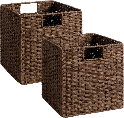 Miniatura 8 de StorageWorks Cestas de mimbre de 11 pulgadas, cubos de almacenamiento tejidos a mano con asas, cesta plegable de cuerda de papel para organizar