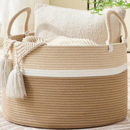 Miniatura 10 de KAKAMAY Cesta grande para manta (20 x 13 pulgadas), cestas tejidas para almacenamiento de ropa sucia de bebé, canasta de manta de cuerda de algodón