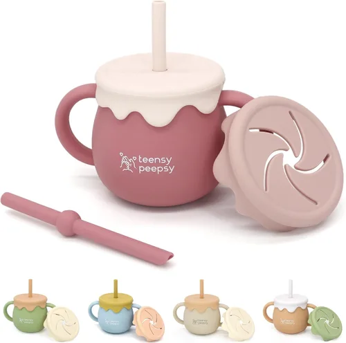 Tarro de Miel Frasco 3 en 1 Taza de Entrenamiento de Silicona de 8.5 oz, Vaso Entrenador para Bebé con Pajita y Taza de Snacks para 6 meses+ Taza